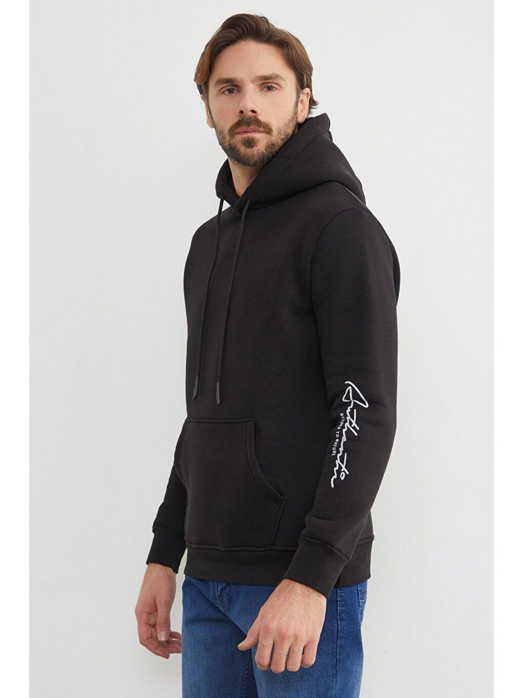 Siyah Kanguru Cepli Kapüşonlu Erkek Hoodie-1