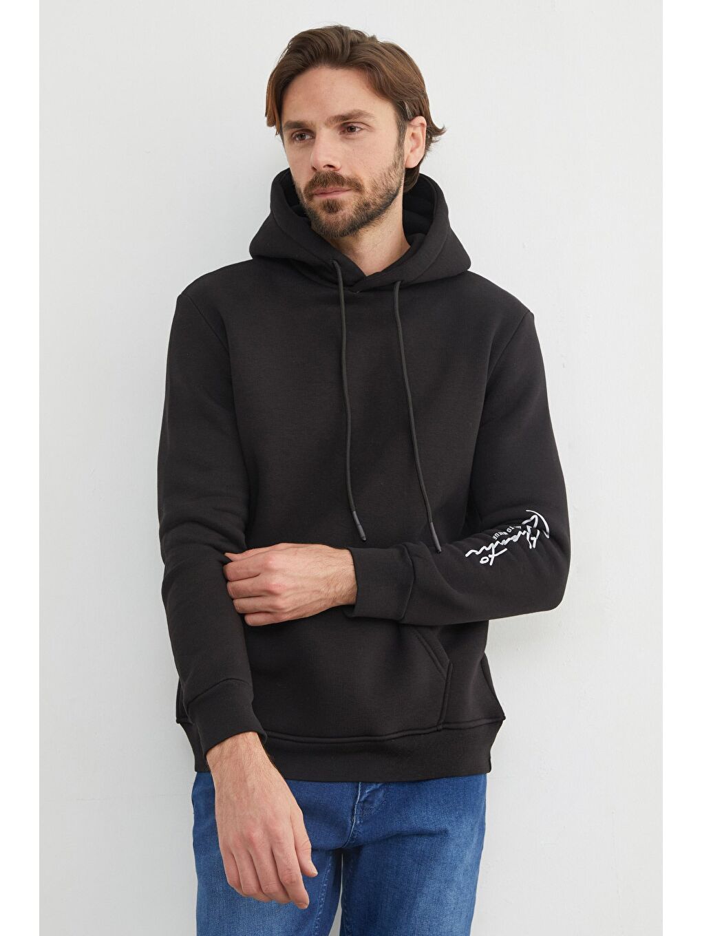 Siyah Kanguru Cepli Kapüşonlu Erkek Hoodie-3