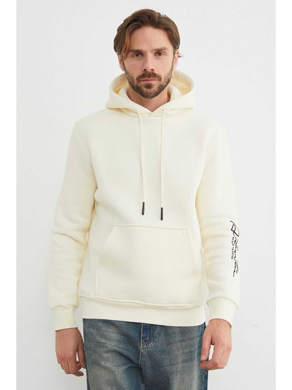 Ekru Kanguru Cepli Kapüşonlu Erkek Hoodie