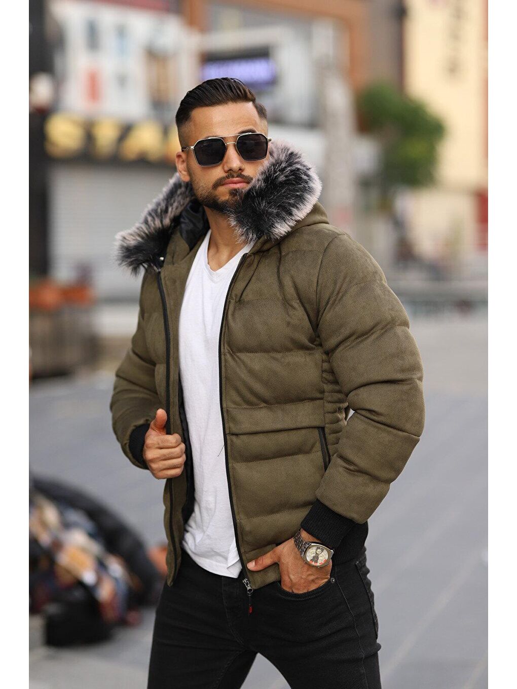 Haki Erkek Kapüşonu Kürklü Şişme Süet Mont-2