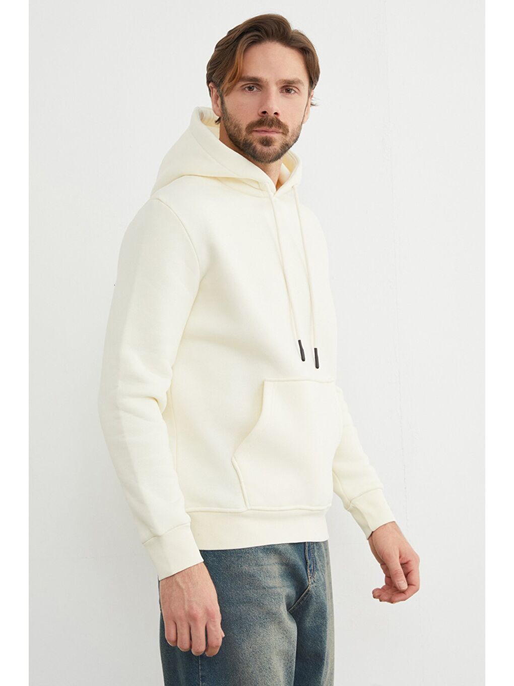 Ekru Kanguru Cepli Kapüşonlu Erkek Hoodie-1