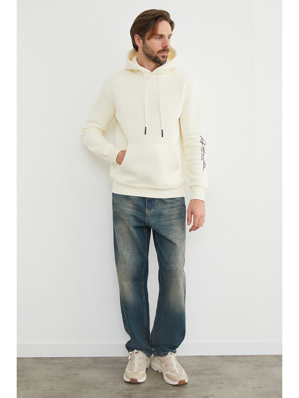 Ekru Kanguru Cepli Kapüşonlu Erkek Hoodie-2