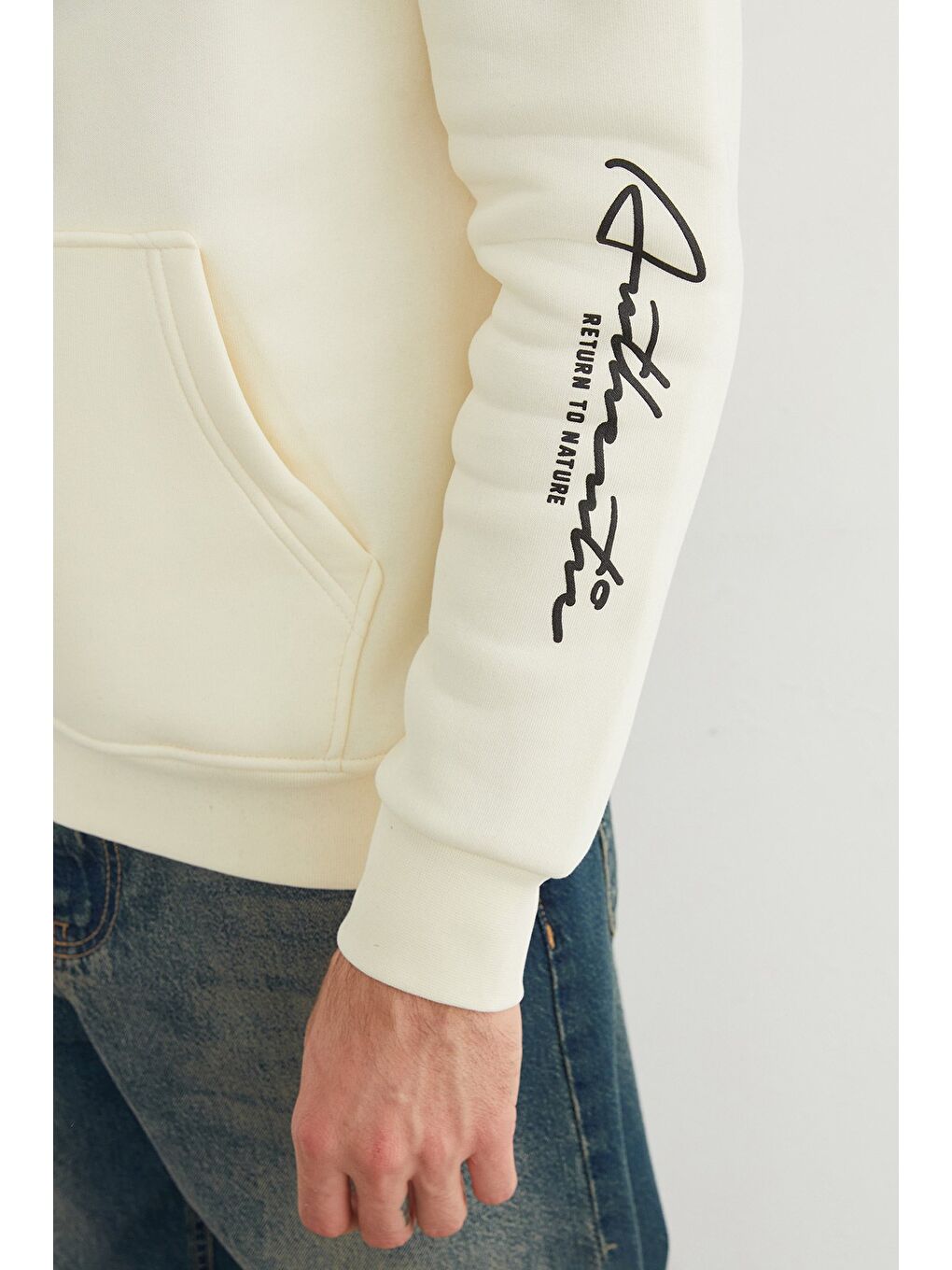 Ekru Kanguru Cepli Kapüşonlu Erkek Hoodie-3