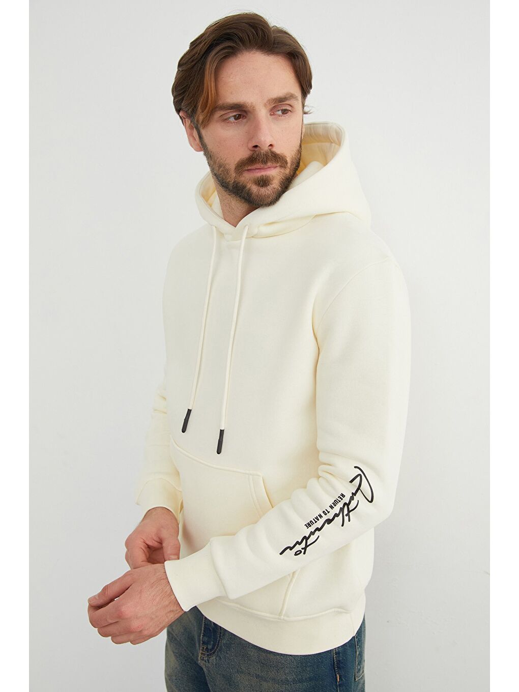 Ekru Kanguru Cepli Kapüşonlu Erkek Hoodie-4
