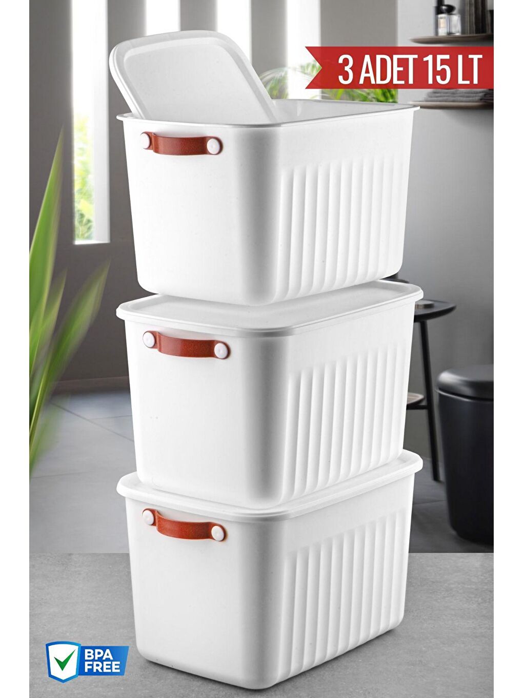 Beyaz 3 Adet 15 LT Saklama, Düzenleme ve Dekoratif Kulplu Kapaklı Kutu Seti