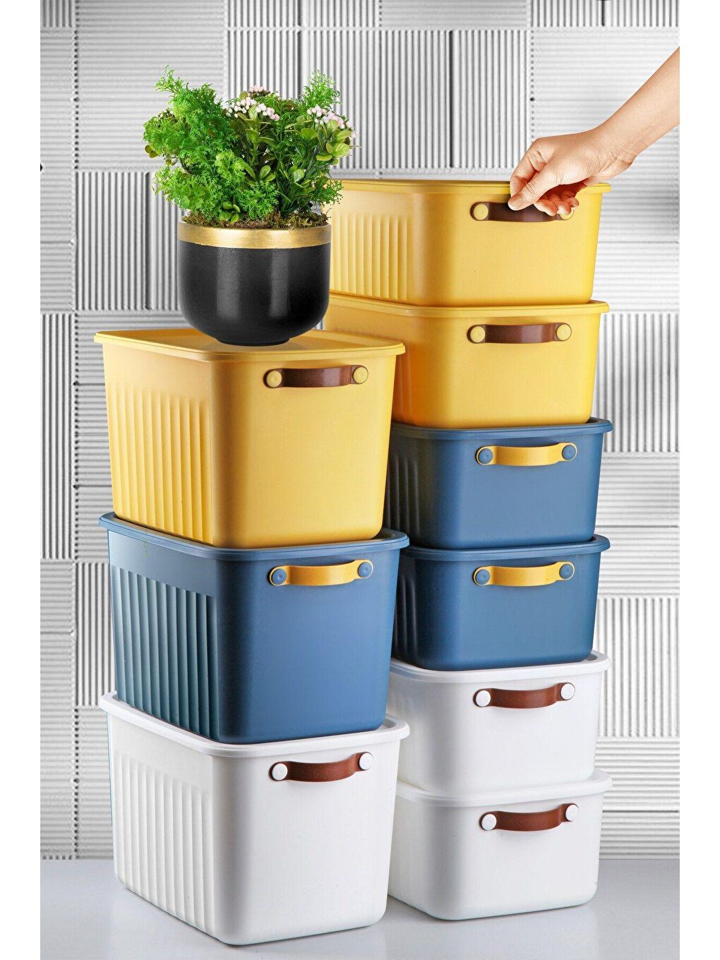 Beyaz 3 Adet 15 LT Saklama, Düzenleme ve Dekoratif Kulplu Kapaklı Kutu Seti-1