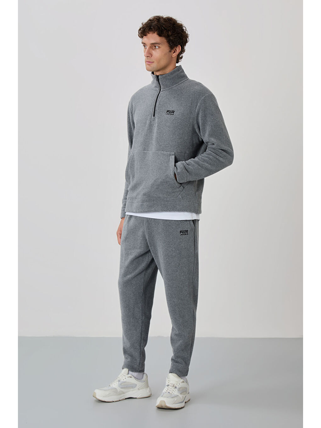 Gri Melanj Yarım Fermuarlı Dik Yaka Kanguru Cep Detaylı Polar Erkek Eşofman Takım - 85226-4