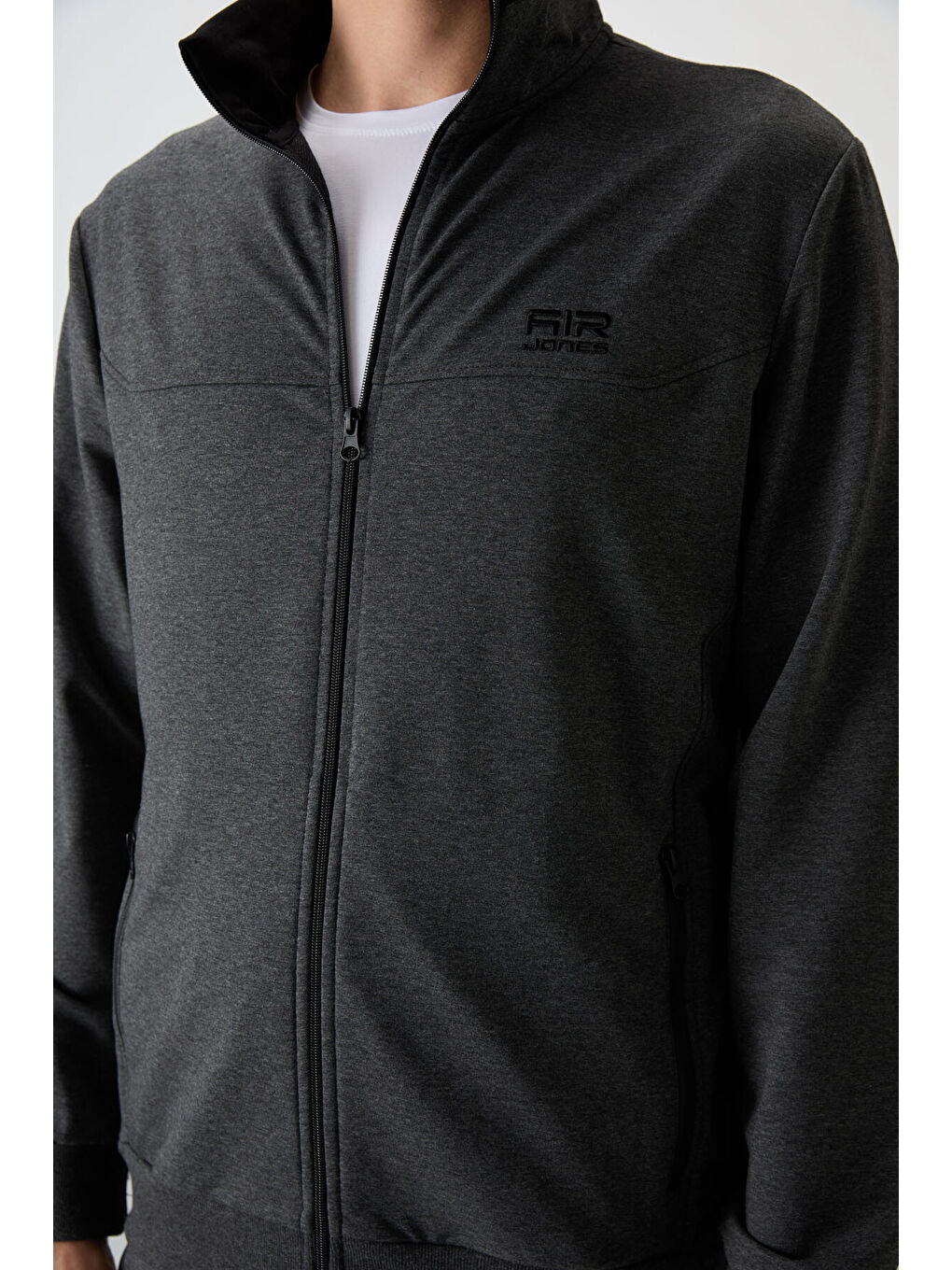 Troy Antrasit Melanj Dik Yaka Fermuarlı Standart Kalıp Erkek Eşofman Takım - 85196-2