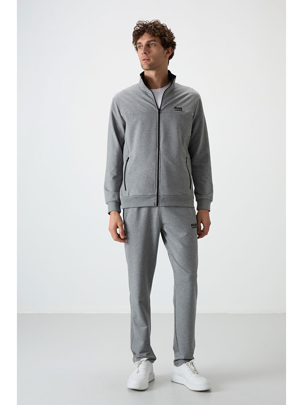 Troy Gri Melanj Dik Yaka Fermuarlı Standart Kalıp Erkek Eşofman Takım - 85196