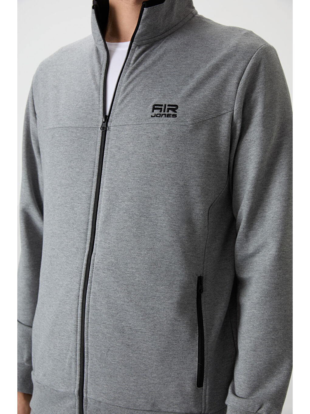 Troy Gri Melanj Dik Yaka Fermuarlı Standart Kalıp Erkek Eşofman Takım - 85196-4