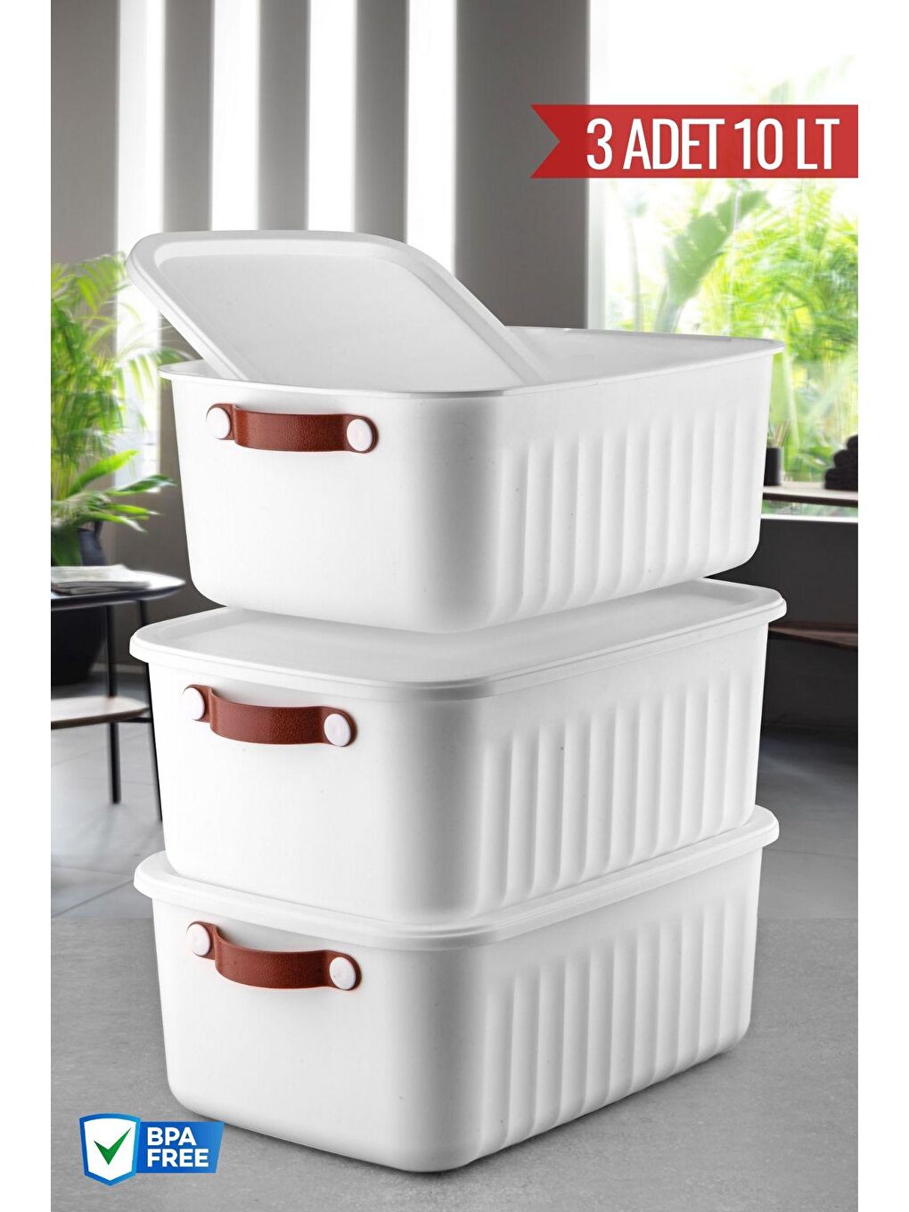 Beyaz 3 Adet 10 LT Saklama, Düzenleme ve Dekoratif Kulplu Kapaklı Kutu Seti