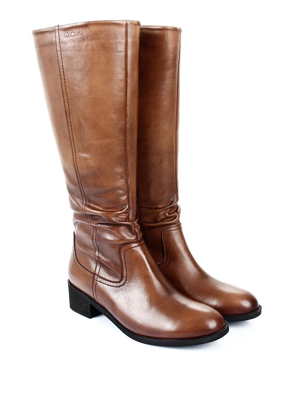 Kahverengi Hakiki Deri Yuvarlak Burun Kauçuk Taban Topuklu Fermuarlı Kadın Günlük Çizme 46519-1