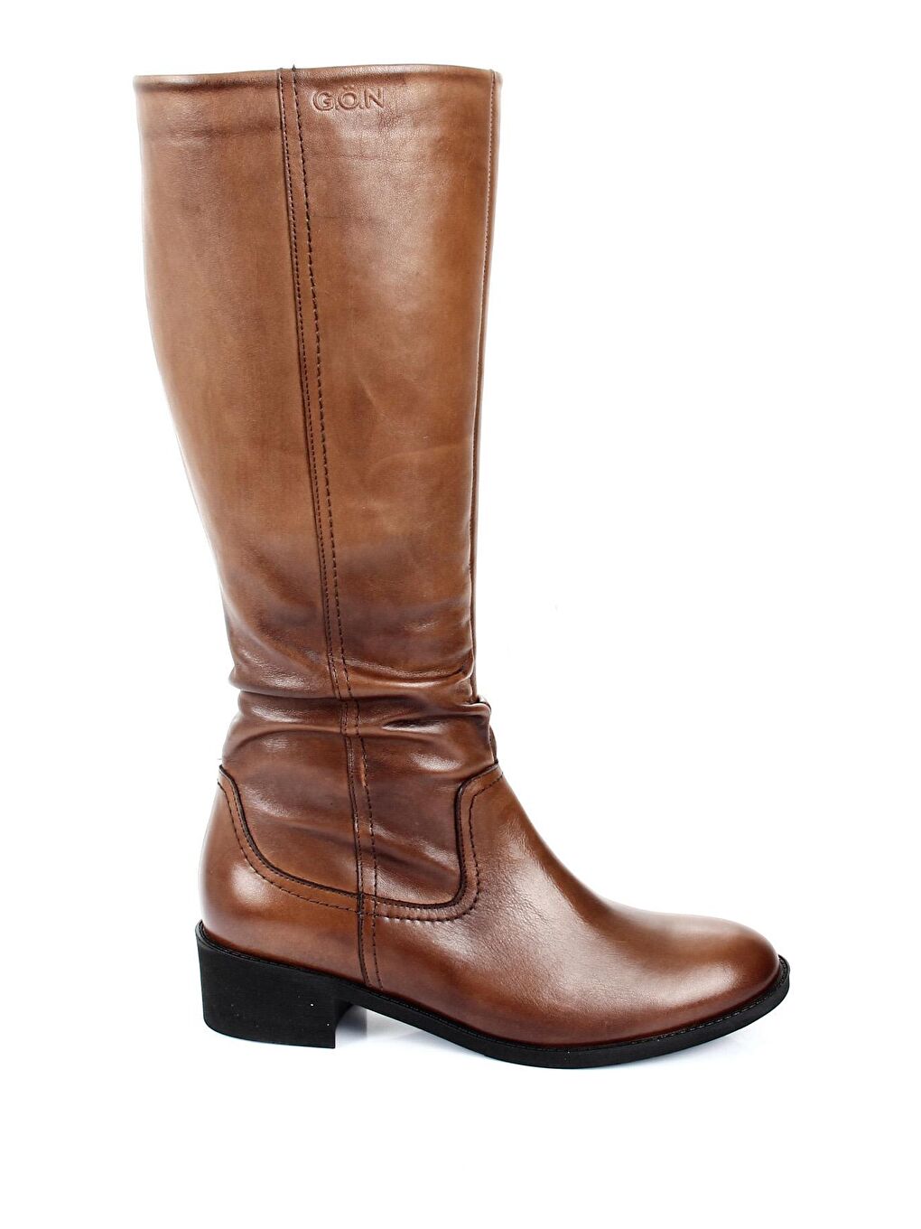 Kahverengi Hakiki Deri Yuvarlak Burun Kauçuk Taban Topuklu Fermuarlı Kadın Günlük Çizme 46519-3