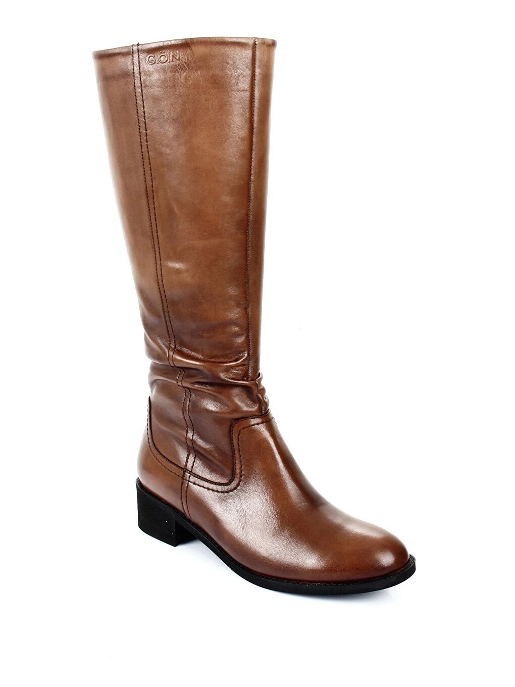 Kahverengi Hakiki Deri Yuvarlak Burun Kauçuk Taban Topuklu Fermuarlı Kadın Günlük Çizme 46519-4