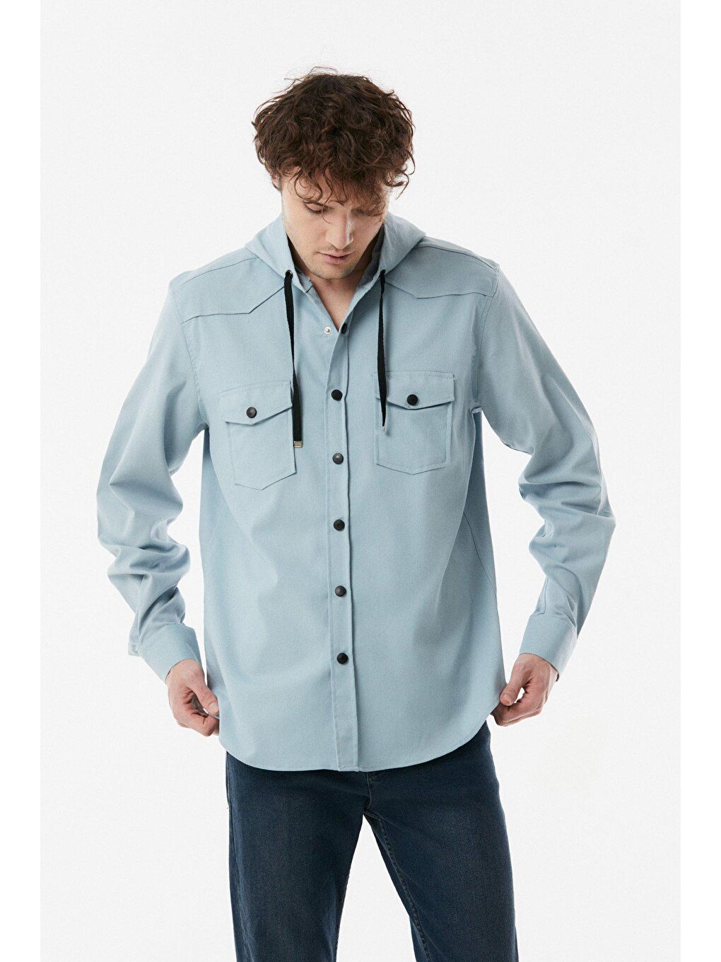 Mavi Kapüşonlu Çift Cepli Gömlek-1