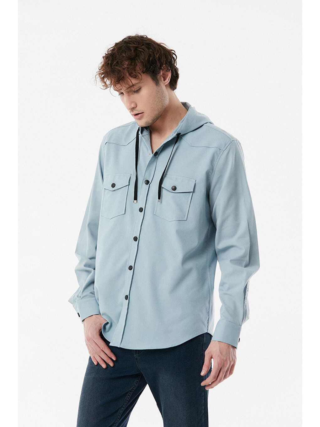 Mavi Kapüşonlu Çift Cepli Gömlek-2