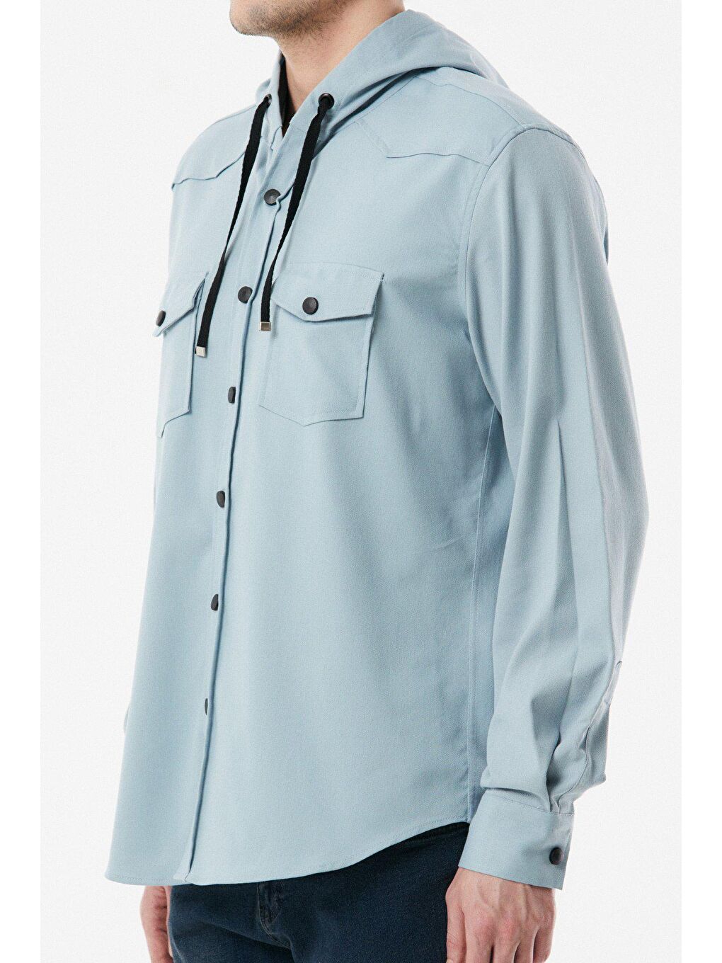 Mavi Kapüşonlu Çift Cepli Gömlek-3