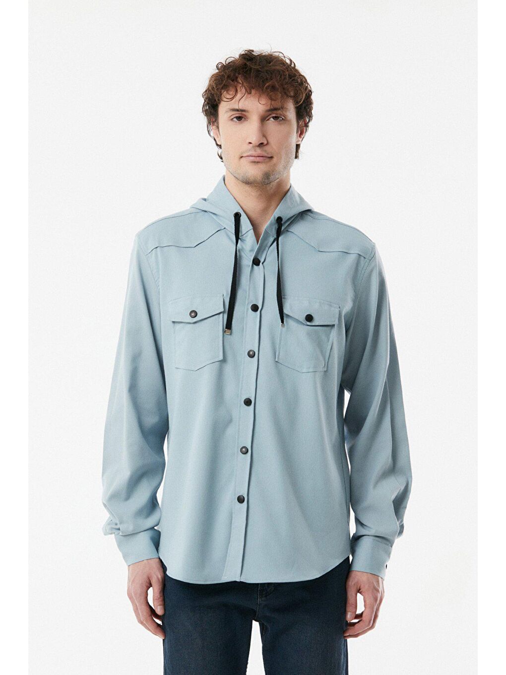 Mavi Kapüşonlu Çift Cepli Gömlek-4