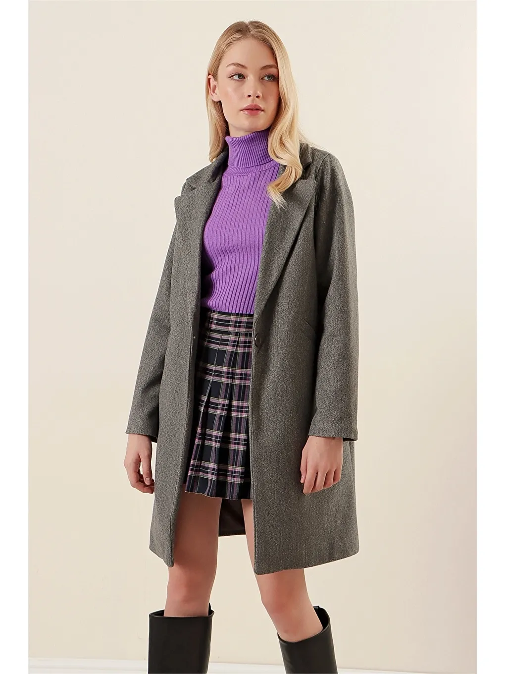 Antrasit Kadın Kaşe Kaban