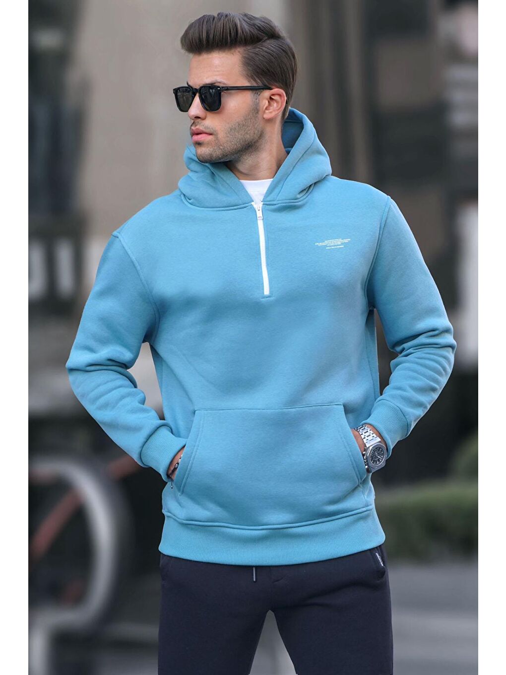 Madmext Mavi Fermuarlı Kapüşonlu Sweatshirt 6143 - 1