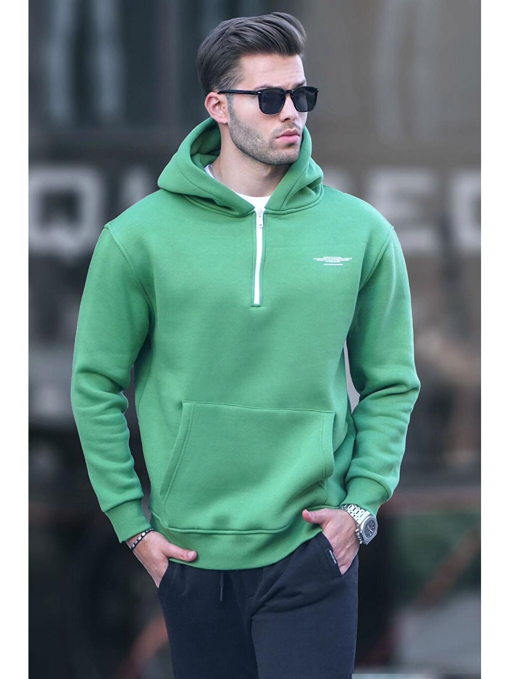 Madmext Yeşil Fermuarlı Kapüşonlu Sweatshirt 6143 - 1