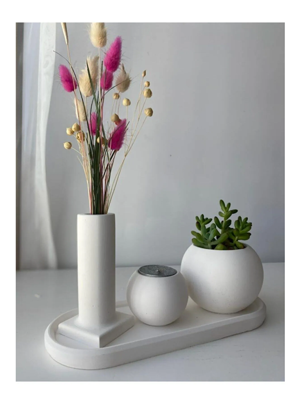 Beyaz Dekoratif Hediyelik Mumluklu Dekoratif Beton Saksı-1