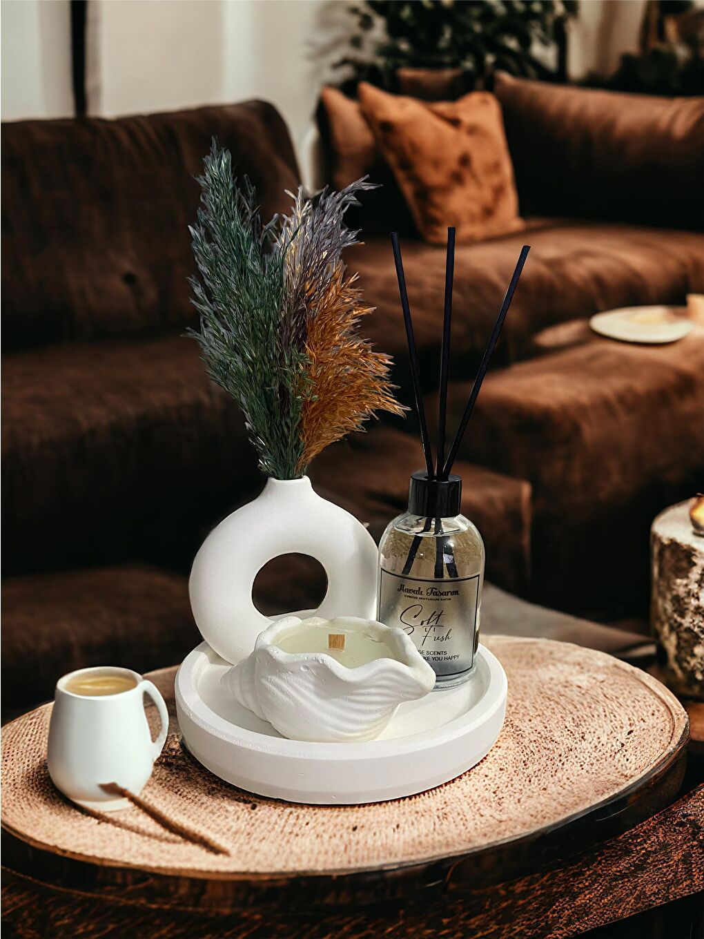 Beyaz Renk Özel Tasarım Oda Kokulu Ve Vazolu , Deniz Kabuğu Mum Standlı Aksesuar Seti