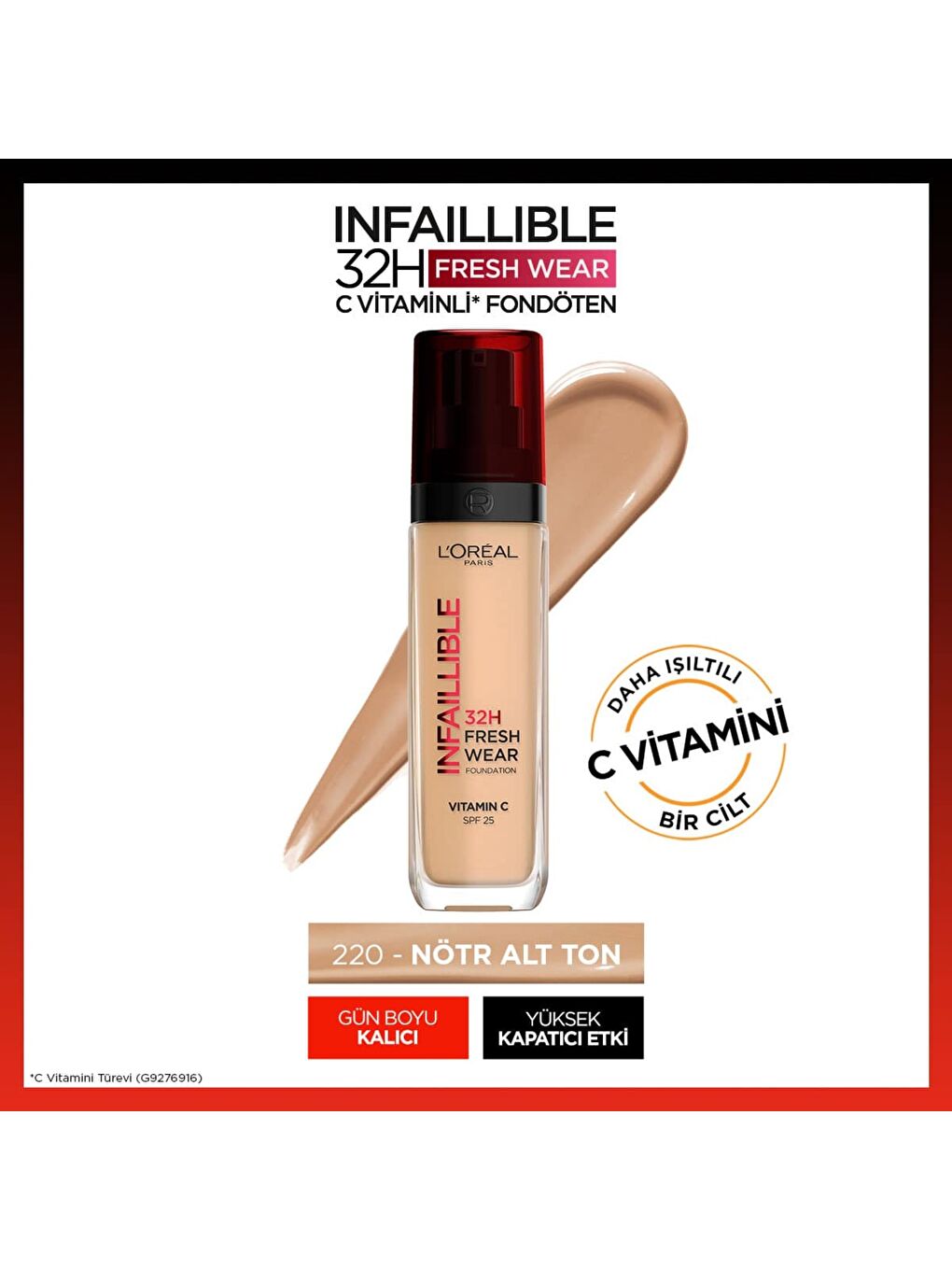 L'Oreal Paris Nude Infaillible 32H Fresh Wear C Vitaminli Fondöten - 220 Sable Sand