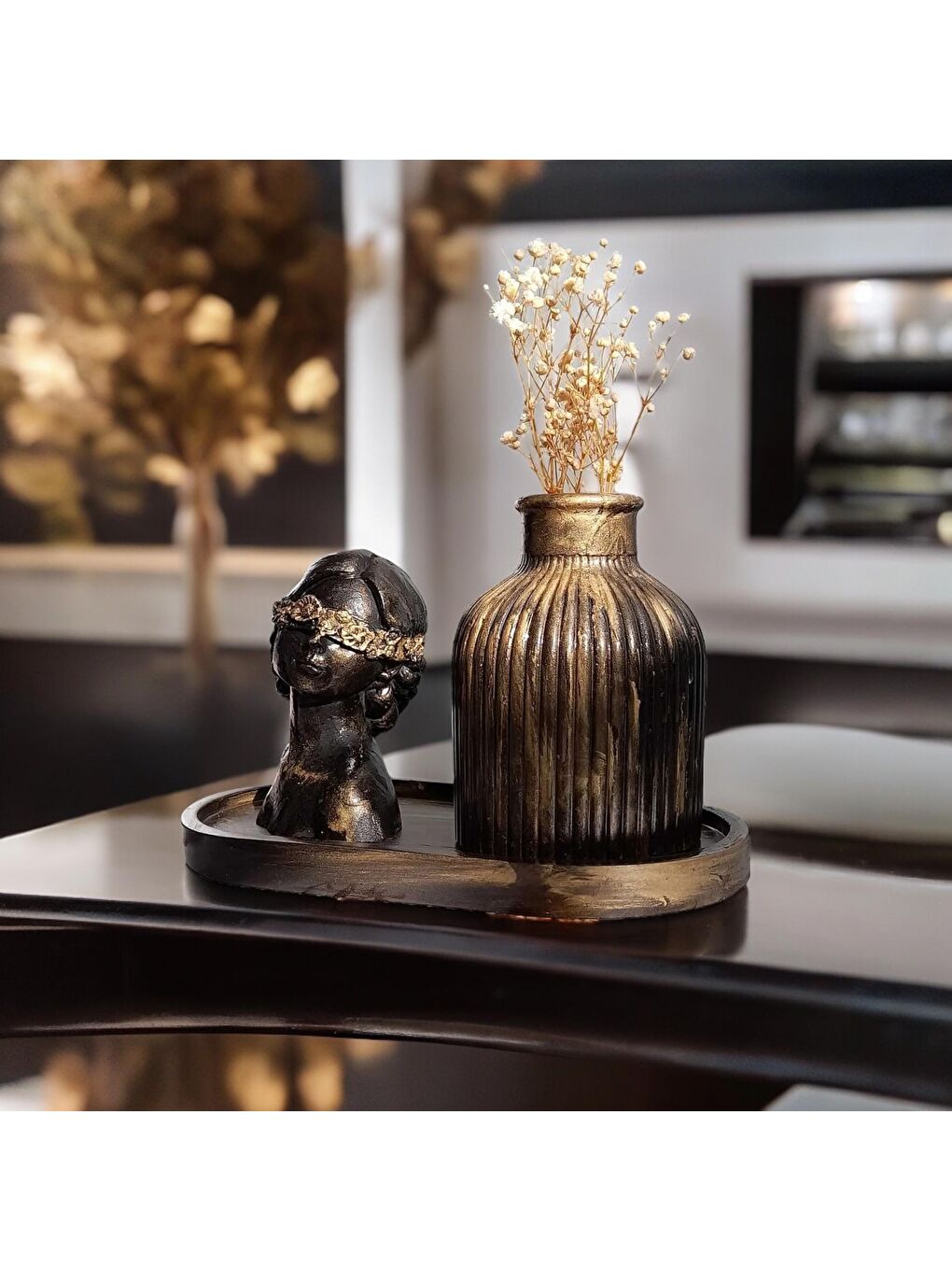 Siyah Antik Kadın Figürlü 3'lü Vazo Seti