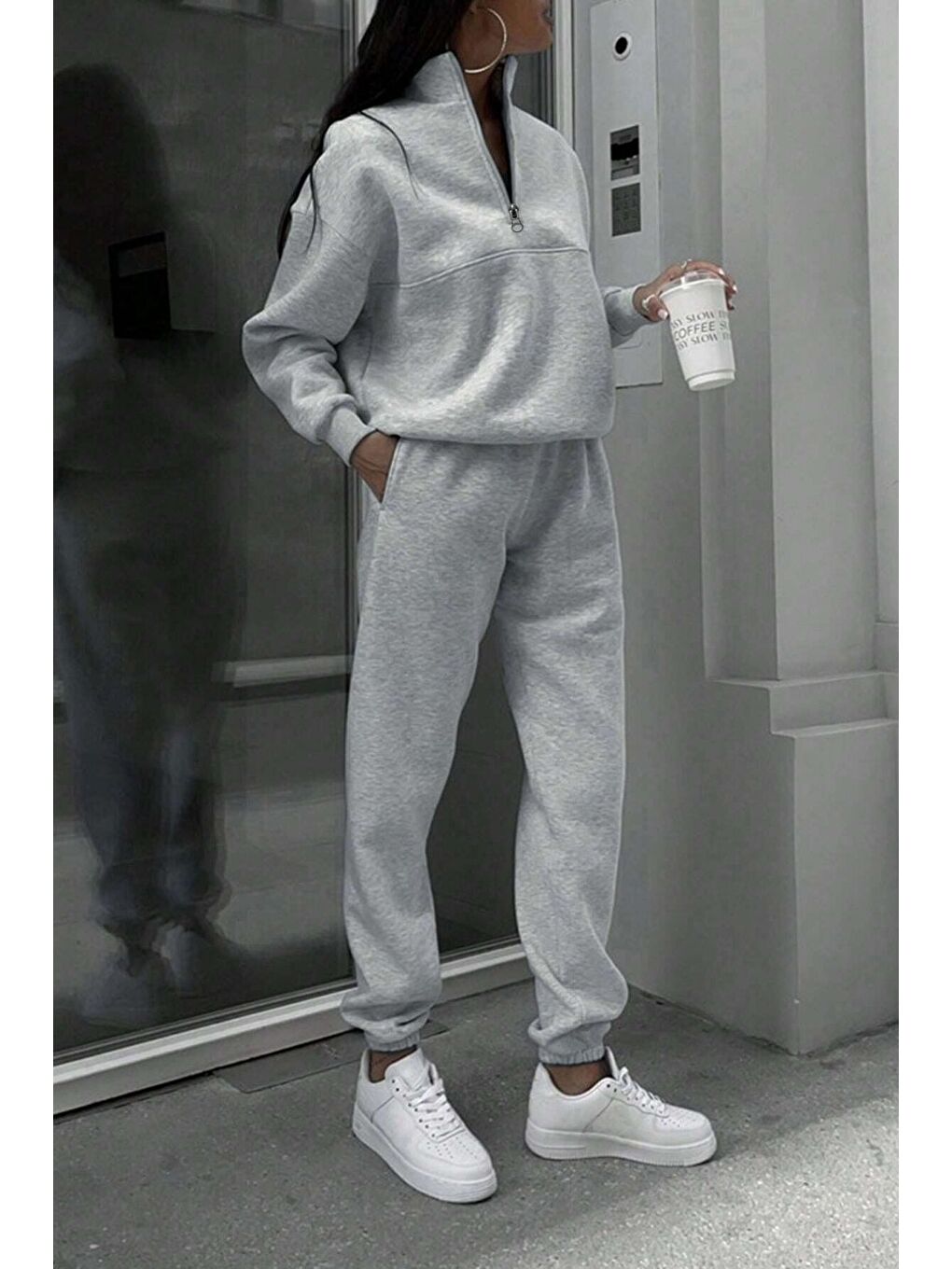 Kadın Gri Fermuar Detay Dik Yaka Alt Üst Eşofman Takım