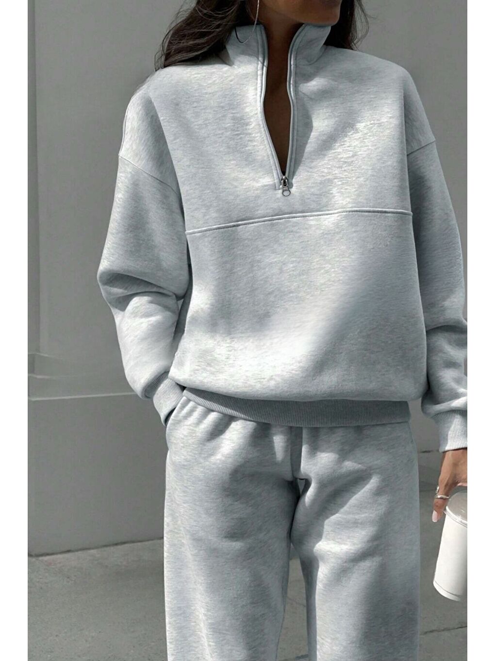 Kadın Gri Fermuar Detay Dik Yaka Alt Üst Eşofman Takım-1