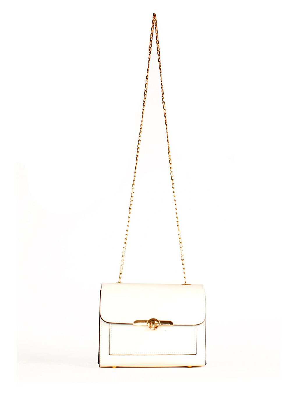 Beyaz Kadın Zincir Askılı Midi Boy Ön Cepli Omuz Çantası (20613)