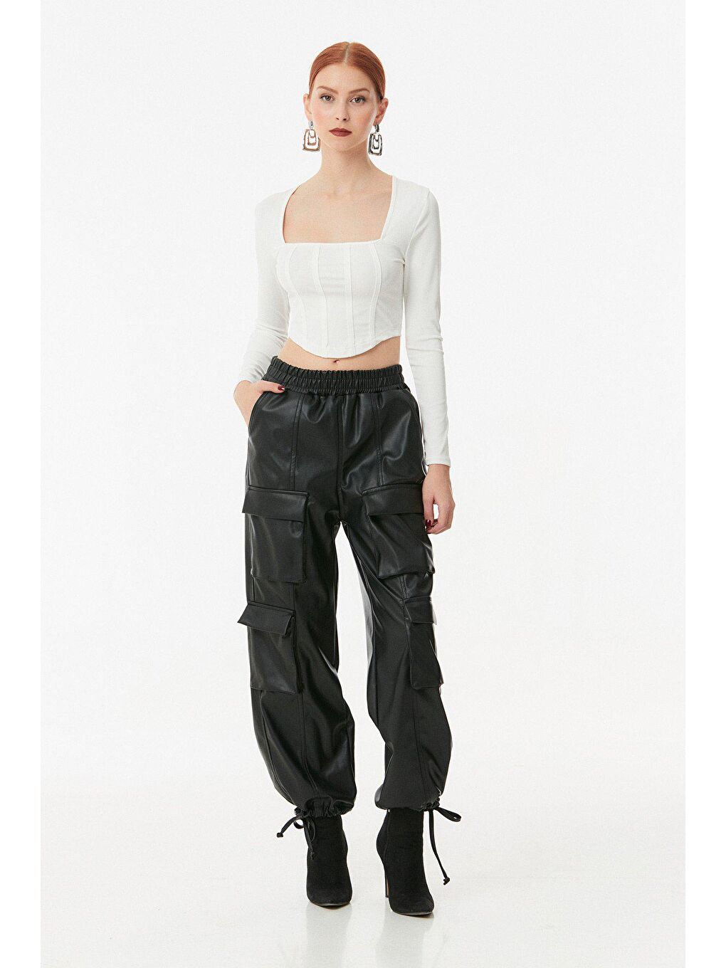 Siyah Suni Deri  Paçası Bağcıklı Palazzo Pantolon