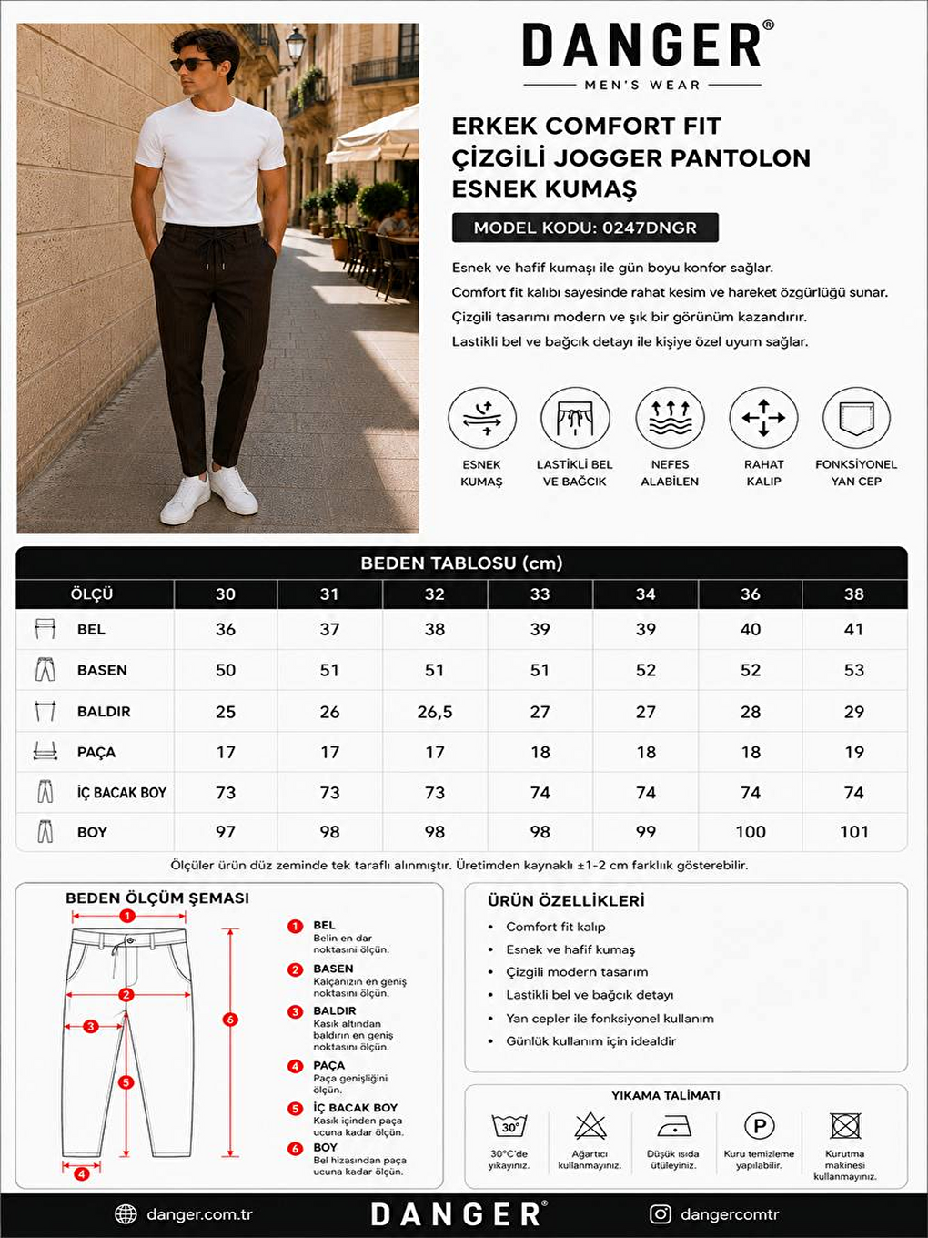 Erkek Comfort Fit Siyah Çizgili Jogger Pantolon Esnek Kumaş 0247dngr-5