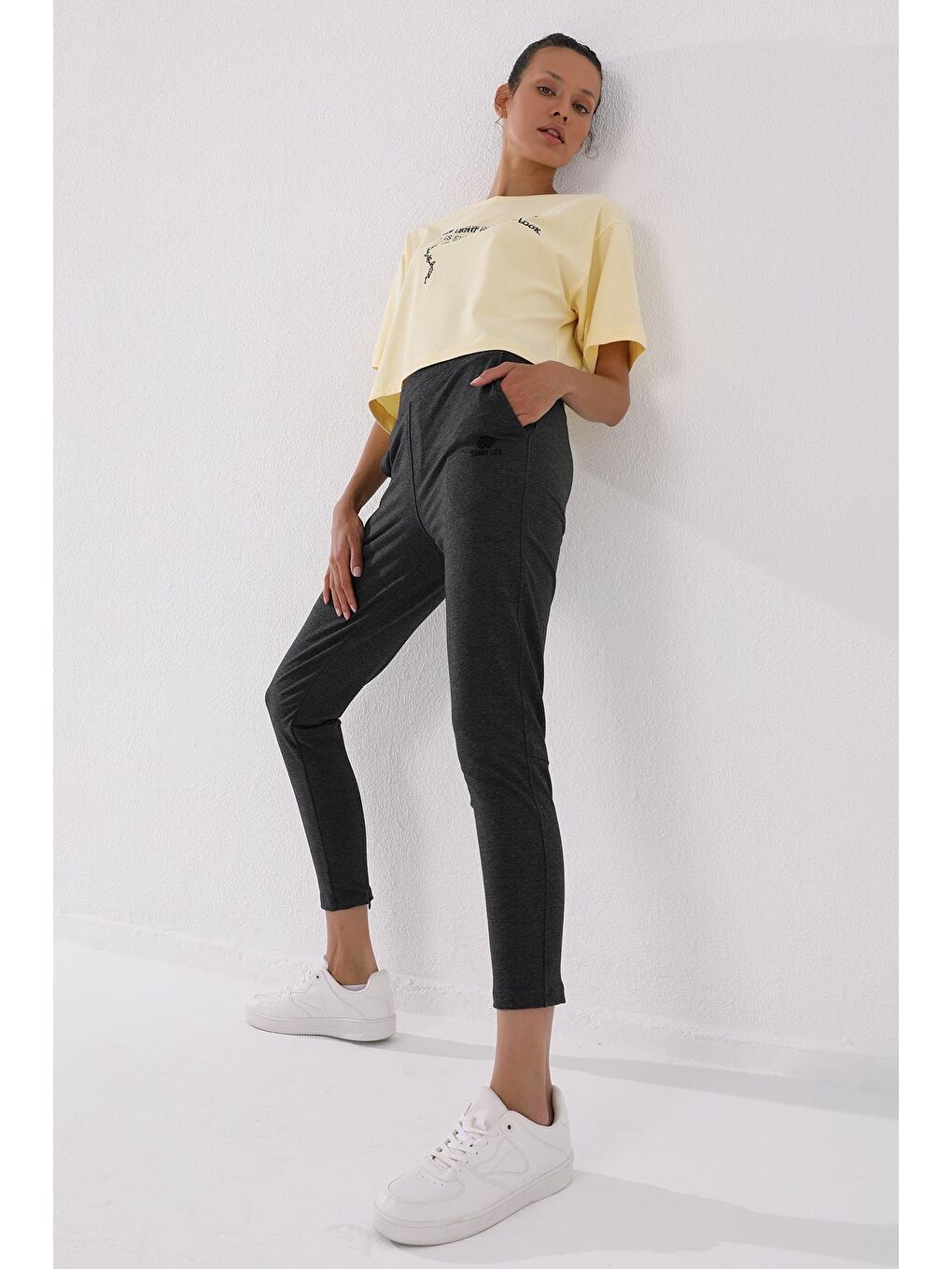 Antrasit Melanj Fermuar Paçalı Cepli Rahat Form Kadın Eşofman Alt - 94246-3