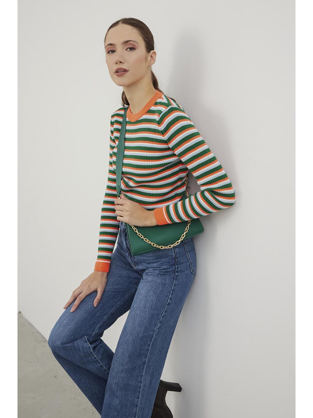 Turuncu Çizgili Bisiklet Yaka Basic Triko Kazak SWK4226TU