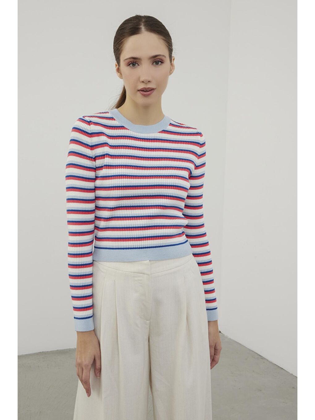 Fuşya Çizgili Bisiklet Yaka Basic Triko Kazak