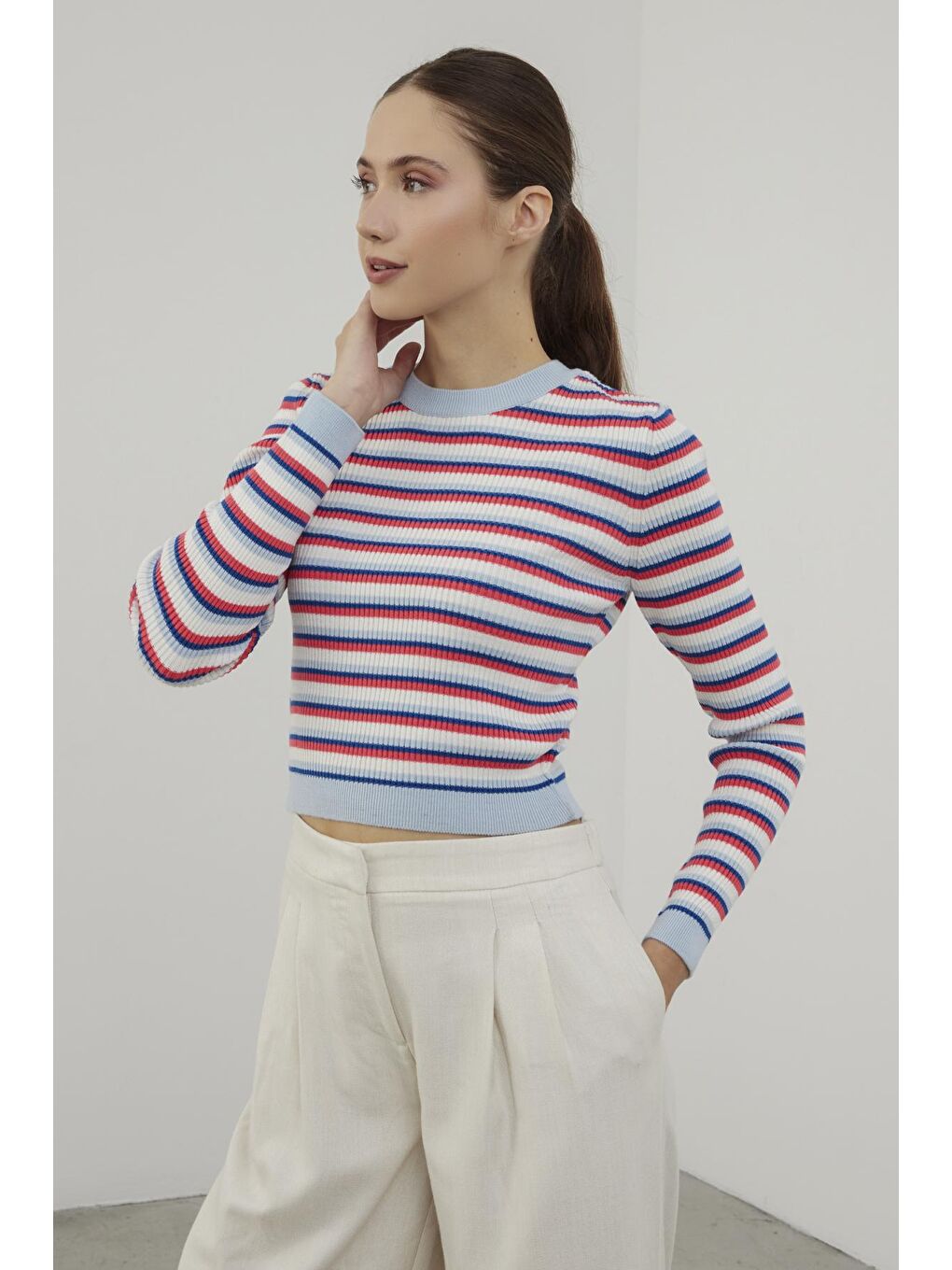 Fuşya Çizgili Bisiklet Yaka Basic Triko Kazak-1