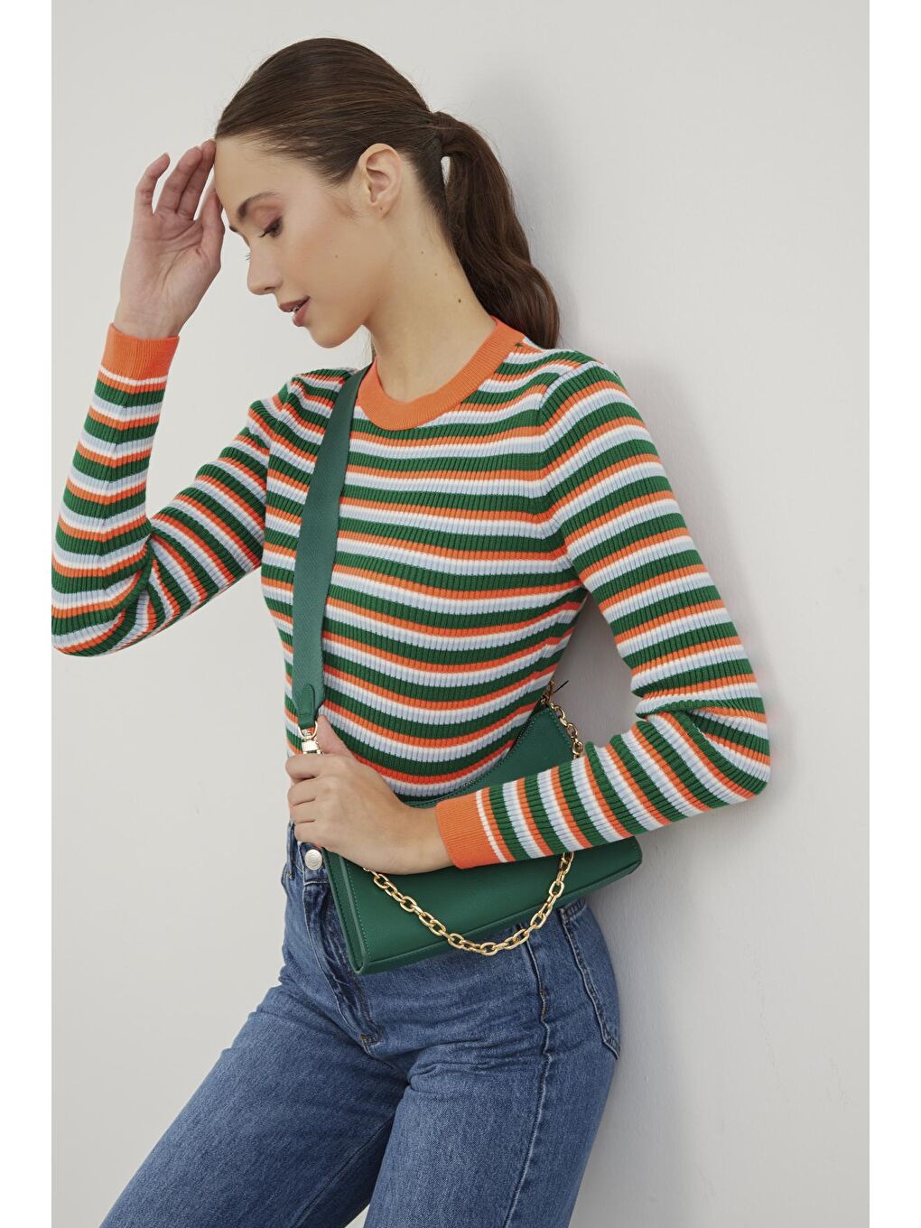 Turuncu Çizgili Bisiklet Yaka Basic Triko Kazak SWK4226TU-1