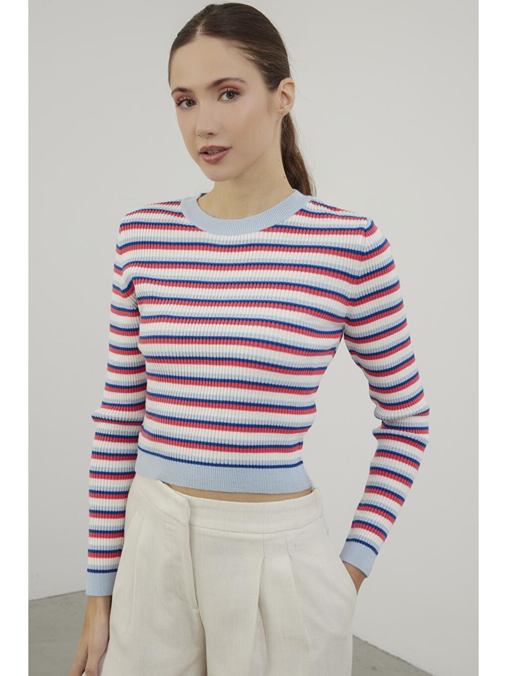 Fuşya Çizgili Bisiklet Yaka Basic Triko Kazak-2