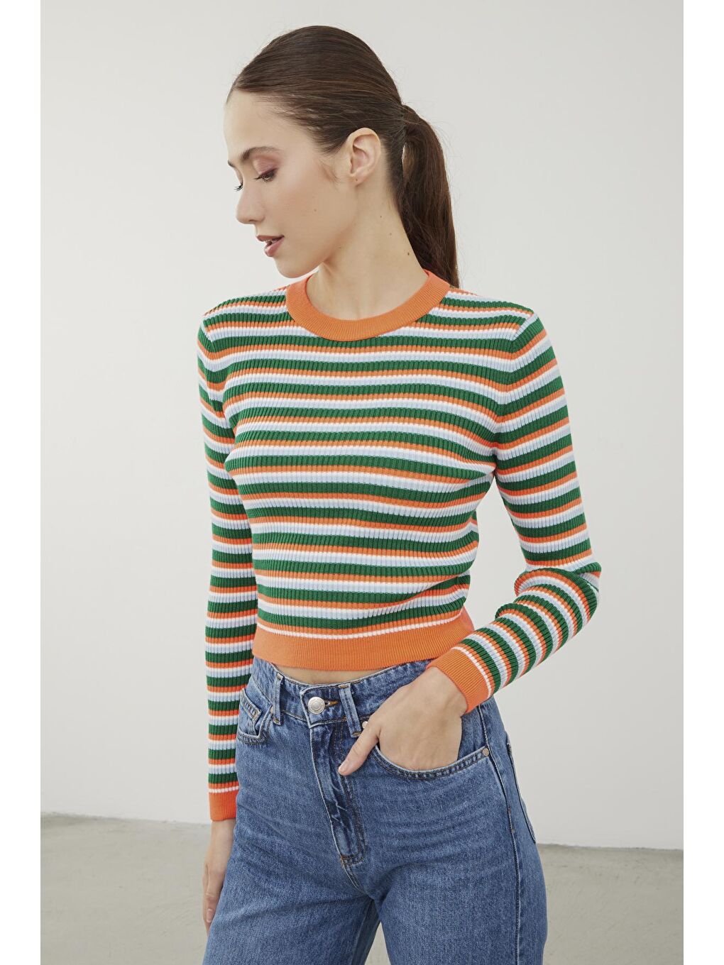 Turuncu Çizgili Bisiklet Yaka Basic Triko Kazak SWK4226TU-2