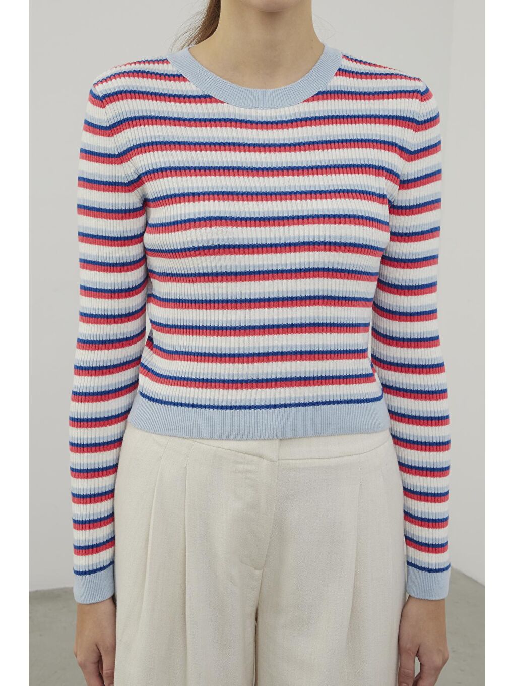 Fuşya Çizgili Bisiklet Yaka Basic Triko Kazak-3