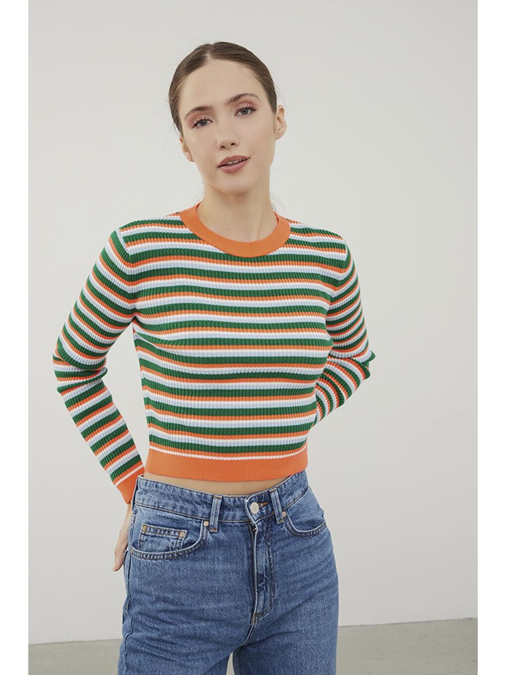 Turuncu Çizgili Bisiklet Yaka Basic Triko Kazak SWK4226TU-3