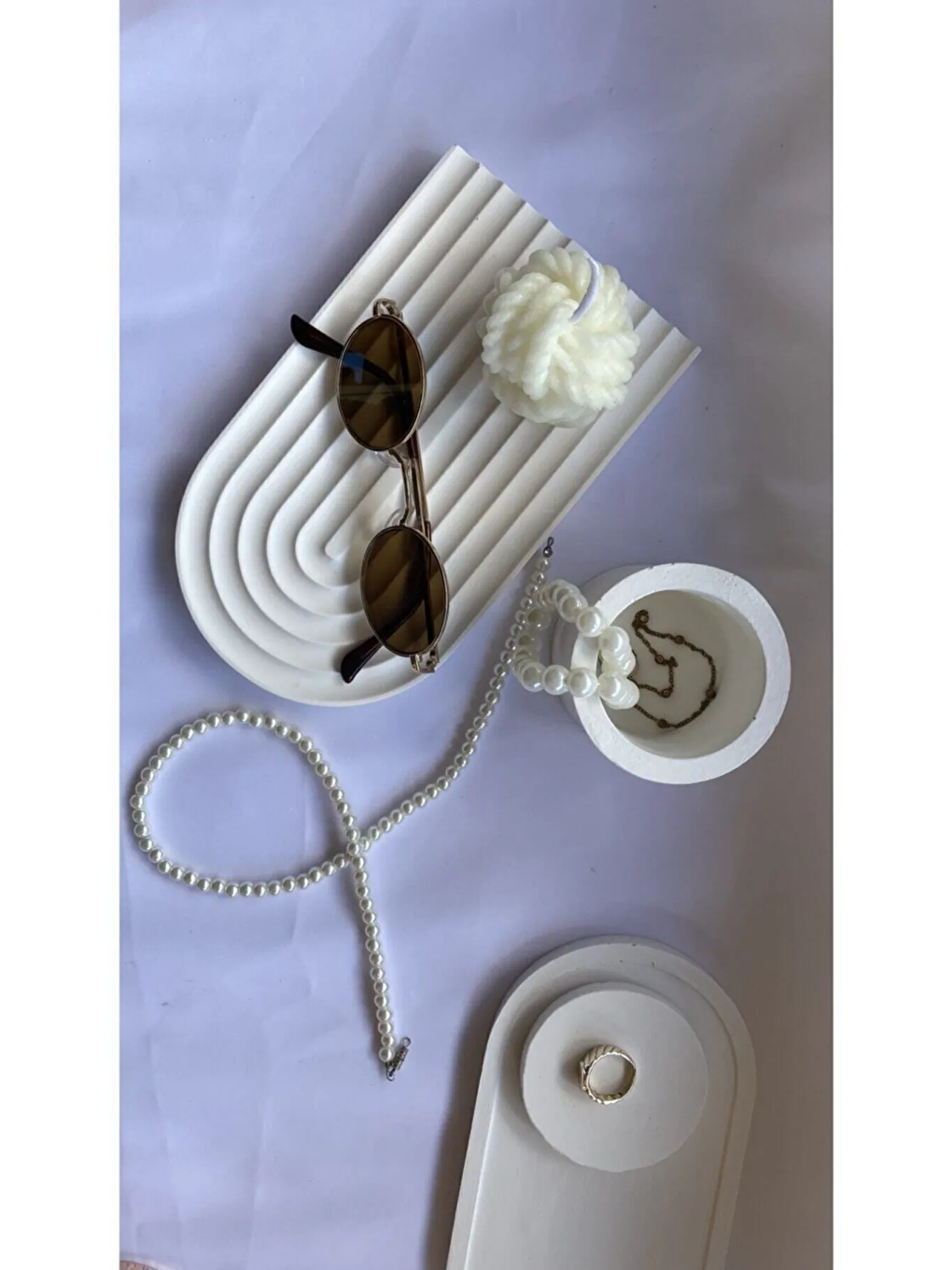 Beyaz Dekoratif Geometrik Çizgili Beton Tabak Beton Takı Tabağı Mum Tabağı Organizer-1