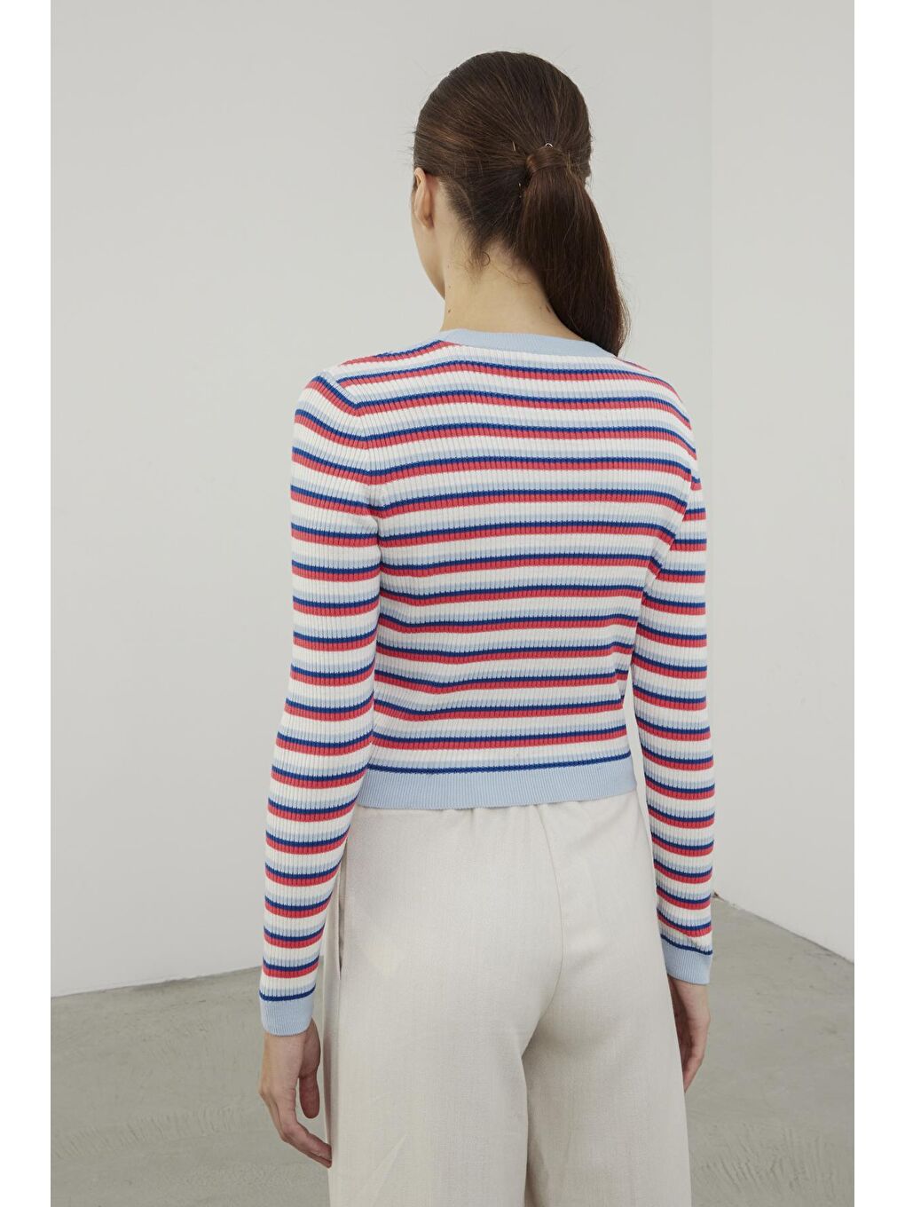 Fuşya Çizgili Bisiklet Yaka Basic Triko Kazak-4