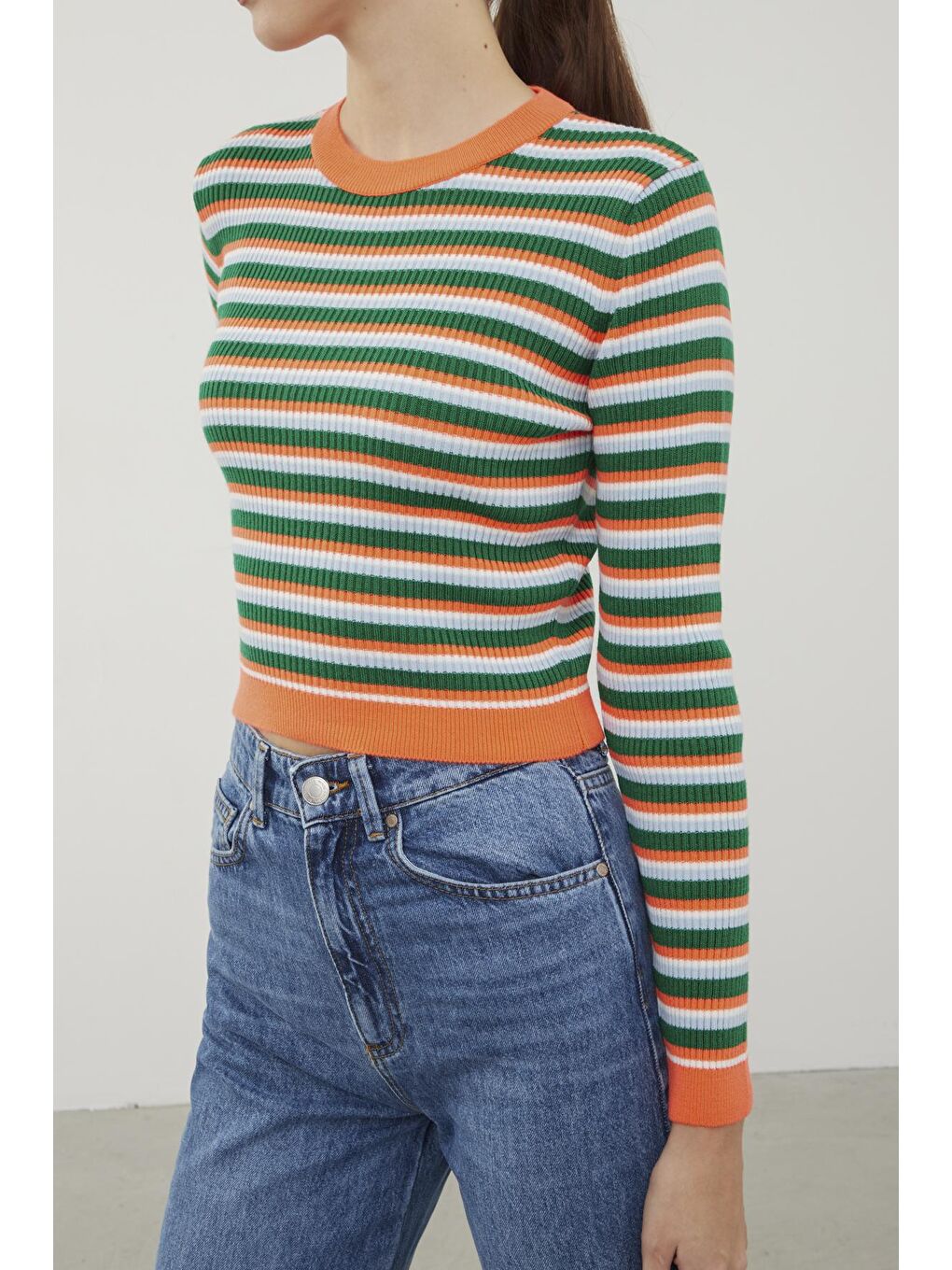 Turuncu Çizgili Bisiklet Yaka Basic Triko Kazak SWK4226TU-4
