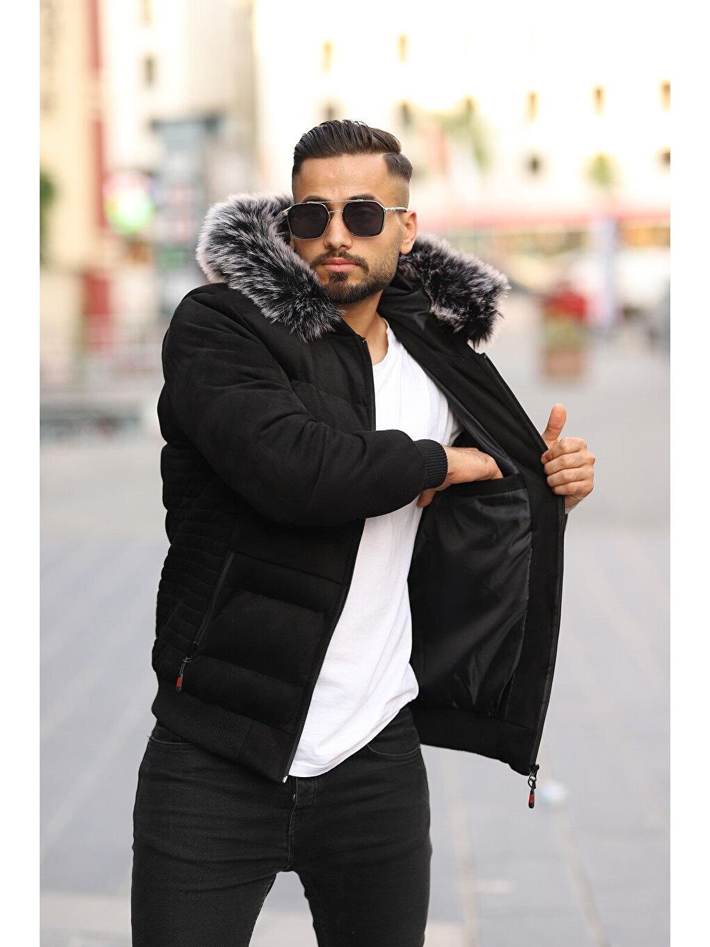 Siyah Erkek Kapüşonu Kürklü Şişme Süet Mont