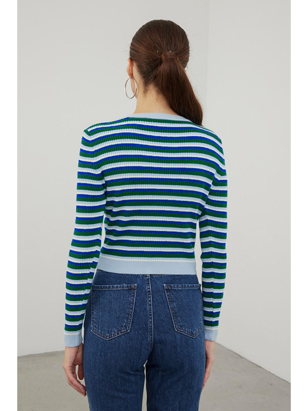 Mavi Çizgili Bisiklet Yaka Basic Triko Kazak SWK4226MA-1