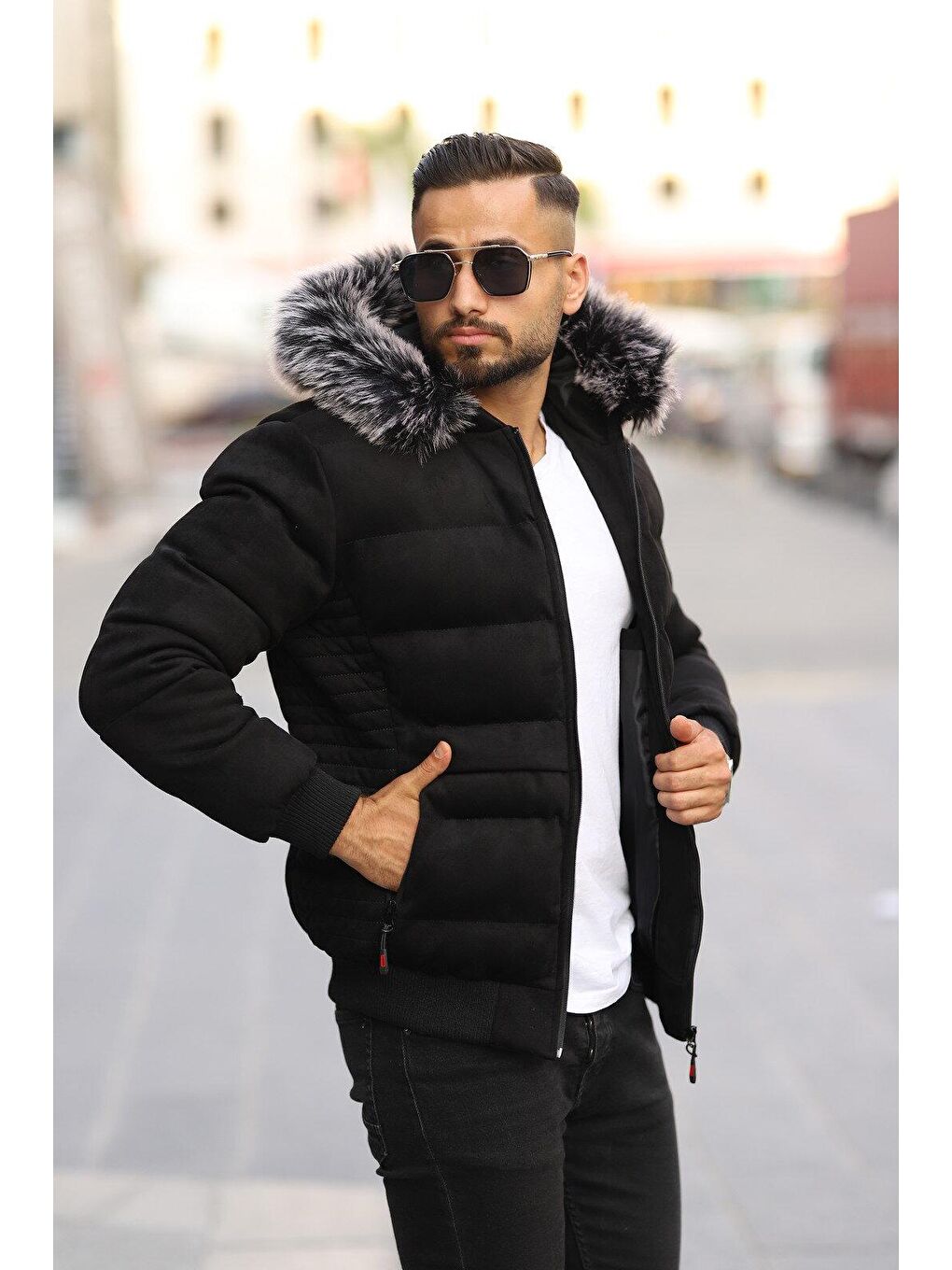 Siyah Erkek Kapüşonu Kürklü Şişme Süet Mont-2