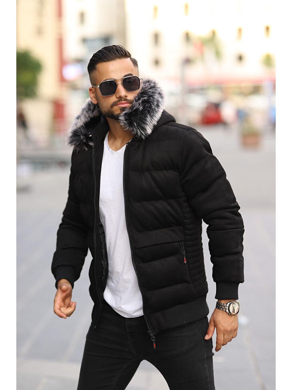 Siyah Erkek Kapüşonu Kürklü Şişme Süet Mont-3
